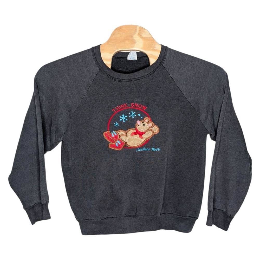 Vintage Think Snow Jackson Hole Sweatshirt Sweater Large Wyoming WY Winter Bear‎